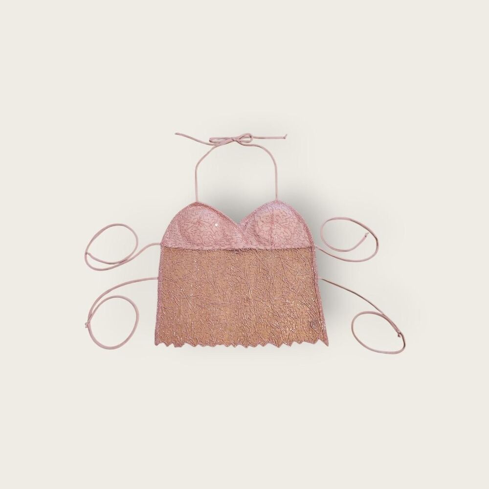 Vintage Y2k 5•7•9 baby pink beaded sheer empire waist backless cropped halter